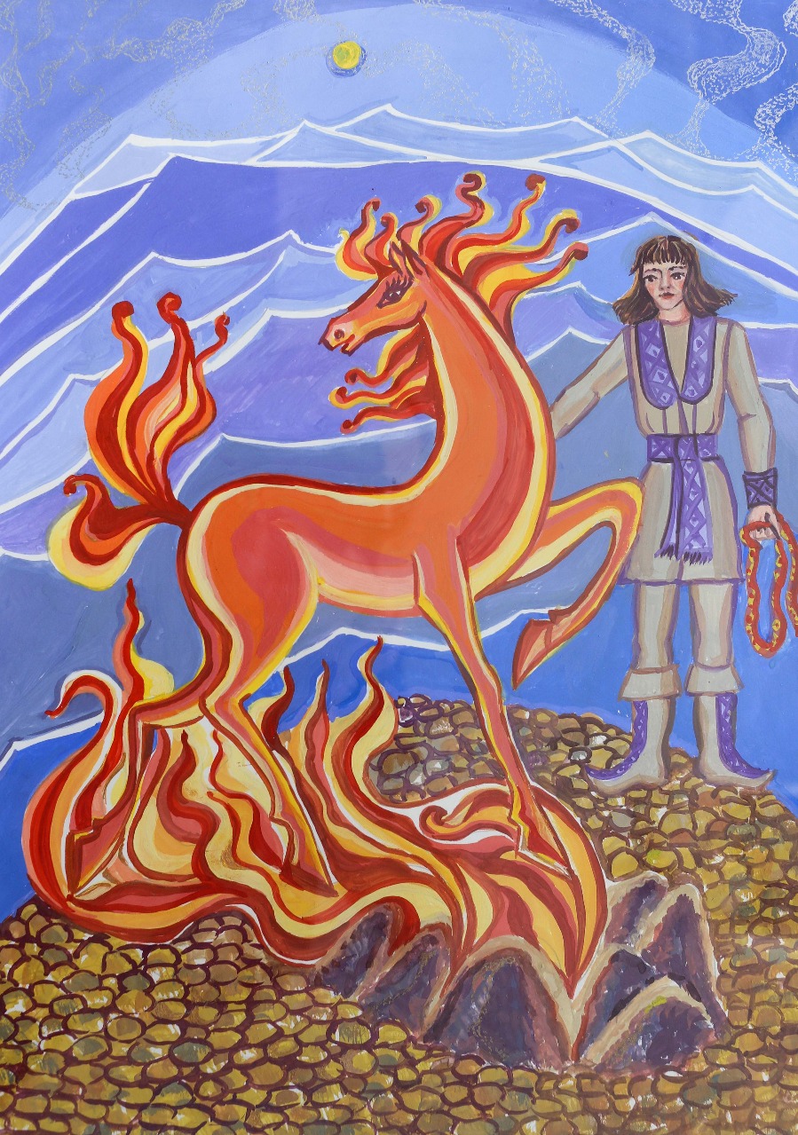 Ирина Токмагашева. Иллюстрация к сказке о Карагай. Юноша Караташ создаёт себе огненного коня.